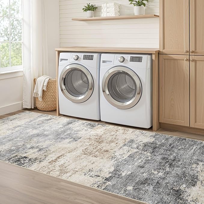 Runner Rug Kitchen Washable Rugs: 3x8 Non-Slip Abstract Soft Modern Stain Resistant Indoor Floor Neutral Accent Throw Carpet for Hallway Bathroom Laundry Room Entryway Bedroom- Grey Brown