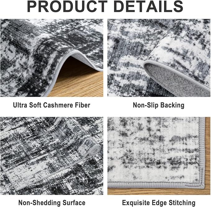 Area Rugs 9x12 Living Room - Washable Rug Modern Abstract Soft Large Neutral Non-Slip Carpet Indoor Floor Thin Carpets for Bedroom Dining Room Farmhouse Nursery Home Office Black