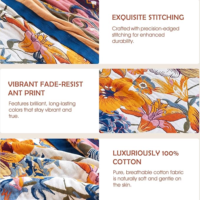 Boho Throw Blanket - 90"x90" 100% Cotton Ultra Soft Lightweight Blanket, 4-Layer Breathable Muslin Blankets for Bed Couch, Reversible Yellow Floral Printed Bohemian Cotton Quilt
