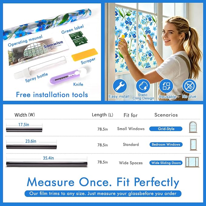 SOMWISE Frosted Glass Window Privacy Film with Tools, Heat Blocking, Anti-UV, Anti-Glare, Static Cling, Decor for Home Bathroom Door, Renter Friendly, Removable, Reusable, Blue 17.5Inchx78.5Inch