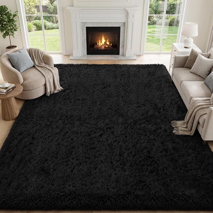 Area Rug for Living Room Bedroom: 6x9 Black Soft Fluffy Shag Upgrade Non-Slip High Pile Carpet Large Fuzzy Plush Indoor Floor Decor Shaggy Rug for Kid Boys Girls Dorms Playroom Nursery Modern Home