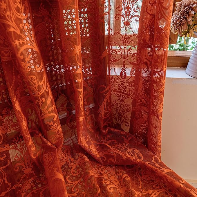 TUDECO Orange Curtains for Living Room - Bright Floral Curtains 72 Inch Length, Light Filtering Sheer Ruffled Rod Pocket Rust Room Decor 2 Panels, 59W x 72L Inch, Burnt Orange