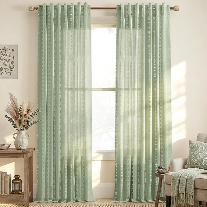 Sage Green Whimsical Sheer Linen Curtains, Boho Floral Striped Gingham Inspired Patterned Drapes for Bedroom Living Room Office 84 Inches Long