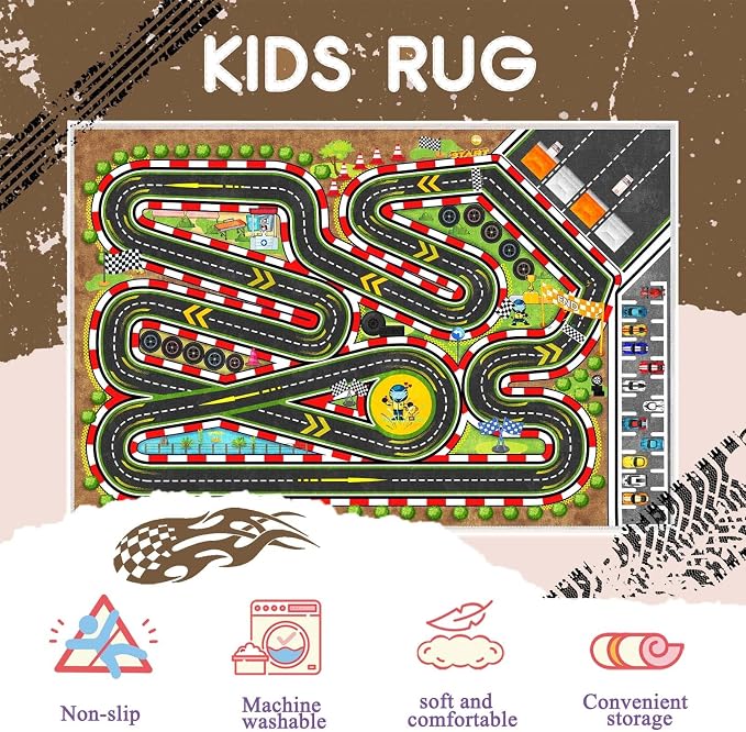 Kids Racing Rug 79''x118'' Car Road Kid Rug Carpet Playmat for Playoom Traffic Road Kid Play Mat for Bedroom，Washable Kids Educational City Traffic Road map Fun Carpet (Brown)