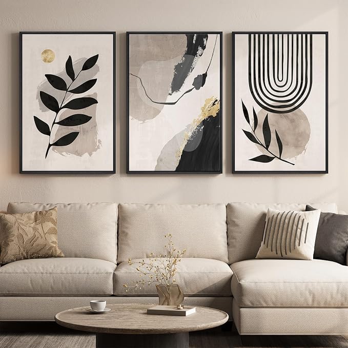3 Piece Framed Black and White Boho Wall Art for Living Room, Large Abstract Botanical Plant Canvas Prints Paintings, Minimalist Leaf and Geometric Artwork for Dining Room Bedroom 24x36 Inch