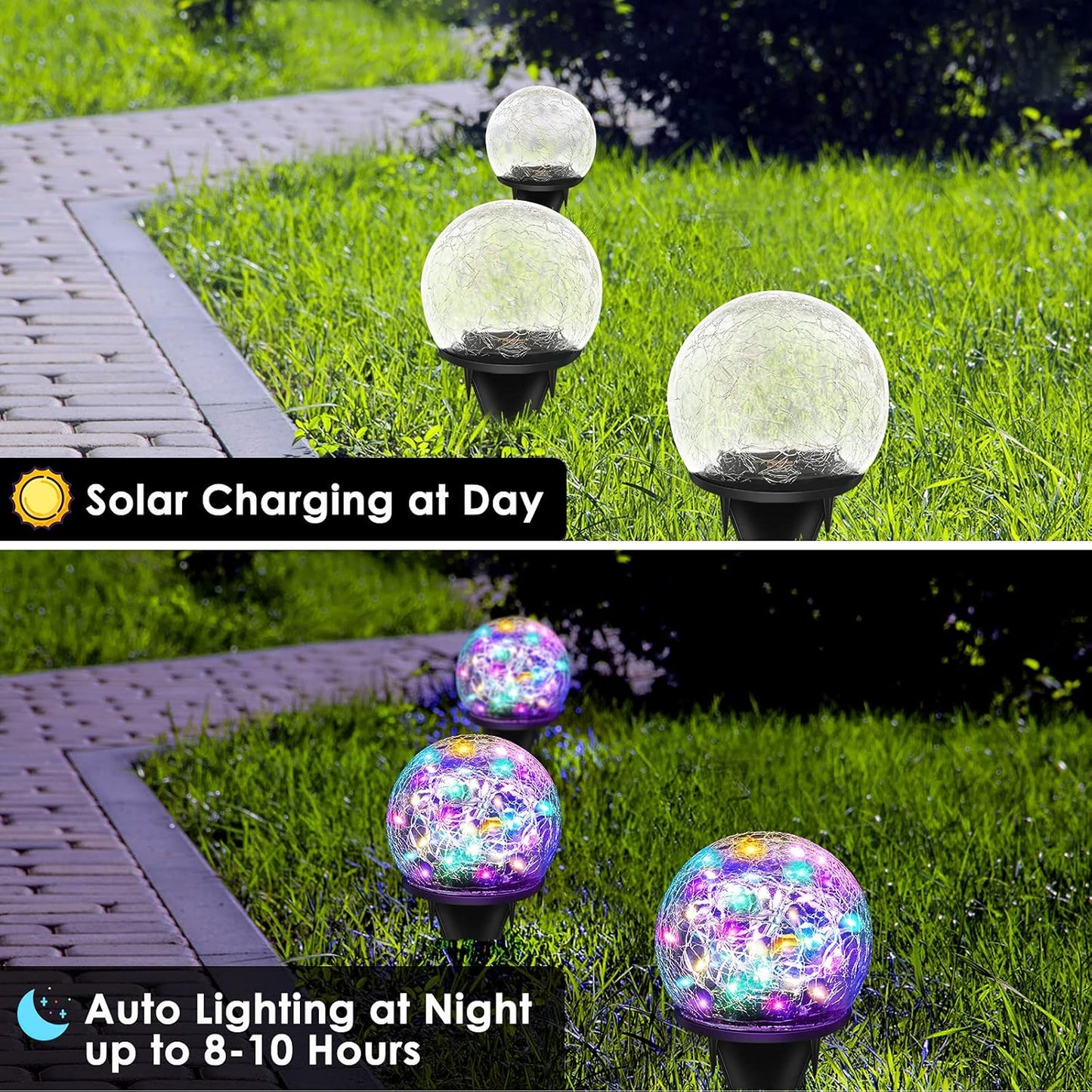 2 Pack 60 LED Garden Solar Lights Outdoor Decorative, Colored Cracked Glass Solar Globe Lights, Upgraded Waterproof Multicolor Ball Lights for Yard Pathway Patio Lawn Outside Decor