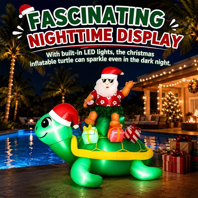 Leyndo Christmas in July Inflatable,6 ft Huge Christmas Inflatables Santa Claus Ride on Sea Turtle,Built-in LED Xmas Blow up Yard Decorations for Holiday Party Lawn Beach Supplies