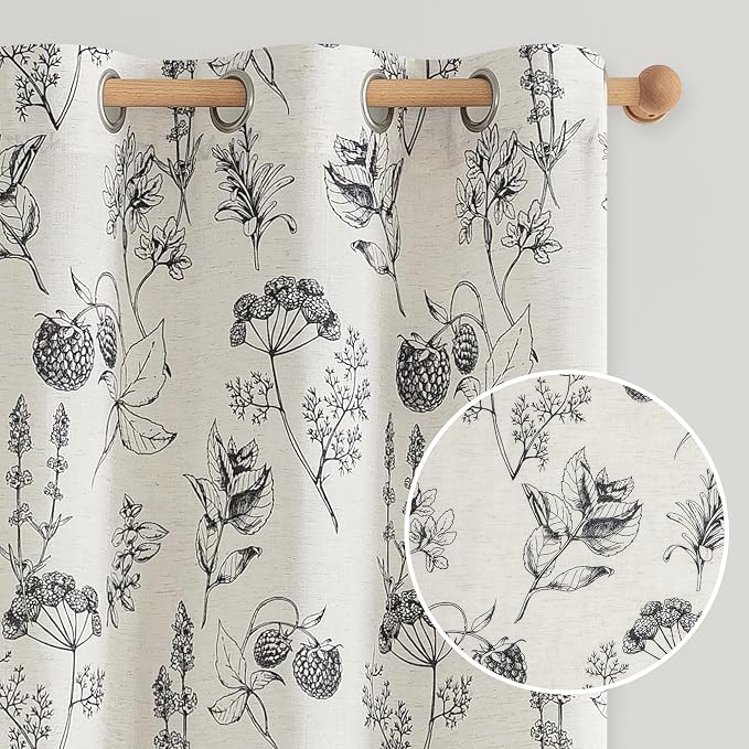 FMFUNCTEX Linen Curtains Floral Patterned Curtain for Bedroom Living Room, Black Curtains 84 Inches Long Farmhouse, Light Filtering Beige Window Curtain Grommet Top 2 Panels Set