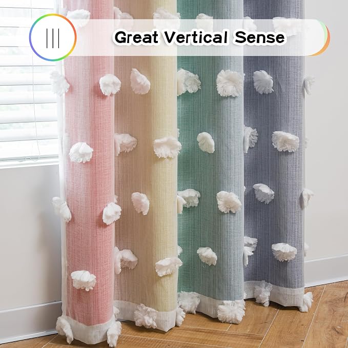 MYSKY HOME Rainbow Curtains for Boys Bedroom Kids Curtains 54 Inches Length White Pom Pom Sheer Small Window Curtains Nursery 2 Panels Double Layer Curtains Grommet Room Darkening Curtains, W52 X L54