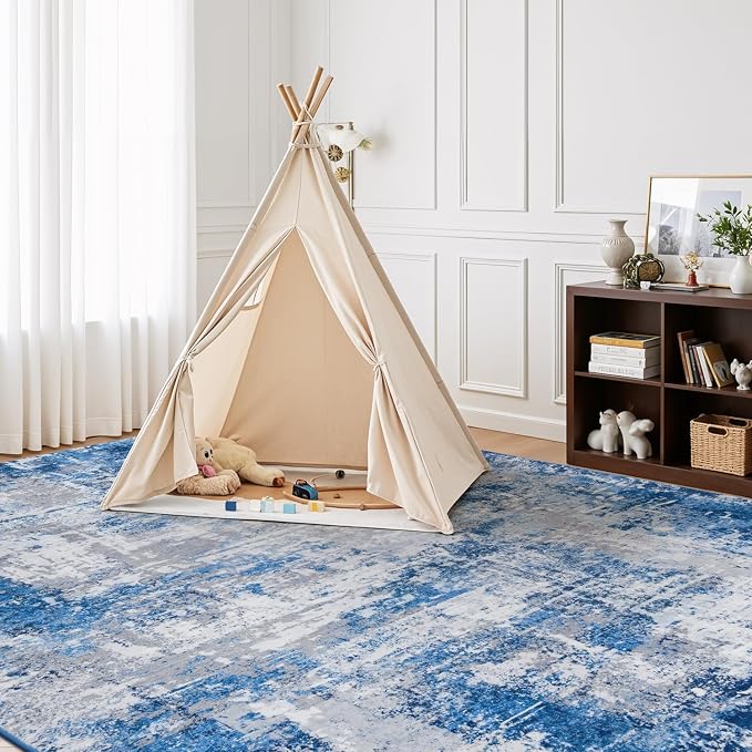 Rugflix 8x10 Area Rugs for Living Room, Washable Large Rug Stain-Resistant Low Pile, Modern Dark Carpet for Dining Room Home Office Kid Room Nursery Bedroom, Blue Grey
