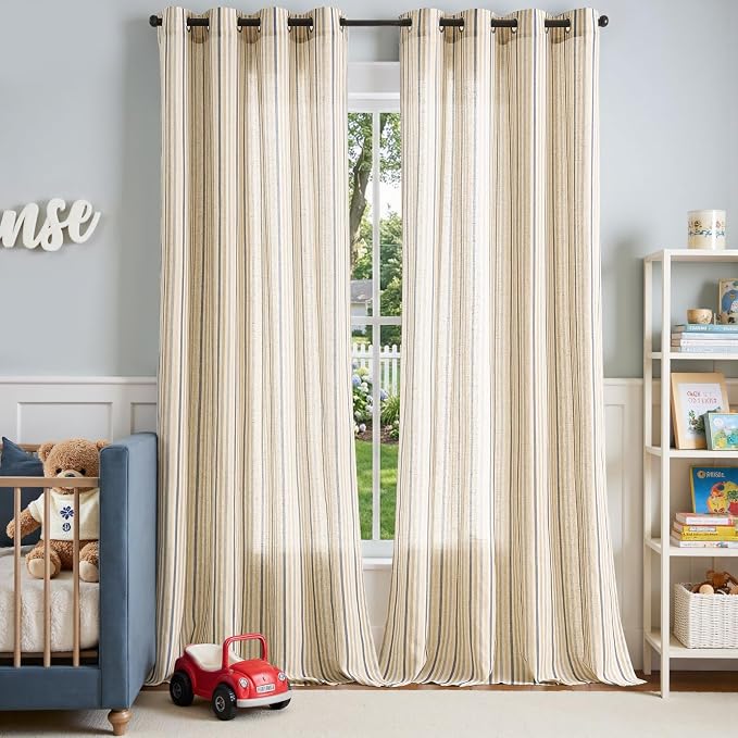 jinchan Linen Curtains 96 inch Blue Stripe for Kids Room Grommet 2 Panels | Kids Curtains for Nursery Living Room Bedroom Baby Boys Room,Cute Colorful Ticking Stripe,Cottagecore Rustic,Light Filtering