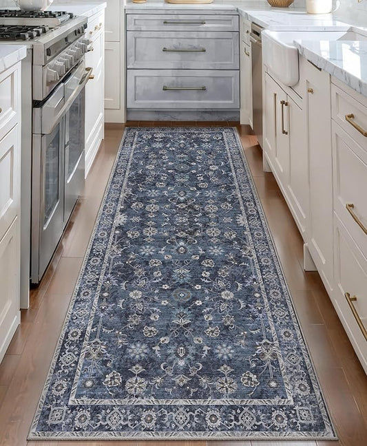 Tangsoo Washable Runner Rug for Hallway Non Slip, 2x7 Navy Blue Rug Floral Vintage Long Runner Rugs for Entryway, Floor Carpets Soft Low Pile Rug Runners for Kitchen Bathroom Laundry Bedroom Boho