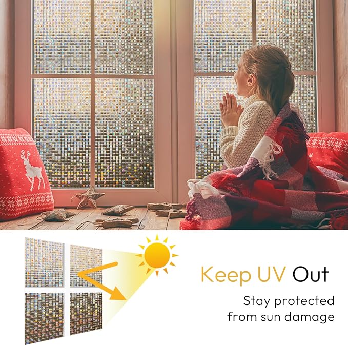 rabbitgoo Window Privacy Film, Mosaic Stained Glass, Brown 17.5" x 118.1" | Rainbow Decorative Removable Static Cling Tint, UV Blocking Reduce Heat, Non-Adhesive Privacy Covering for Home, Office