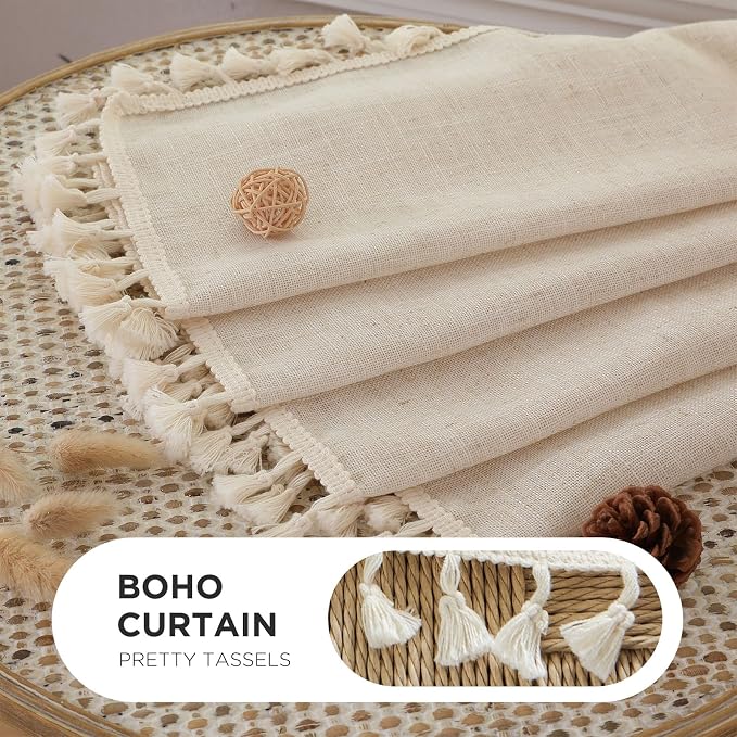 Joydeco Linen Boho Curtains 96 Inches Long 2 Panels, Super Soft Bohemian Farmhouse Curtains with Tassels, Semi Sheer Light Filtering Drapes for Bedroom Living Room (Rod Pocket, 52Wx96L)