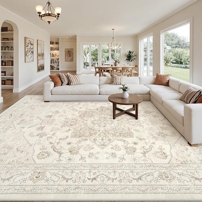10x12 Area Rug for Living Room: Vintage Boho Neutral Washable Rug Indoor Soft Large Area Rug Carpet for Bedroom Nursery Farmhouse Dining Room Office Floor Non-Slip Low Pile Under Table Rug Beige White