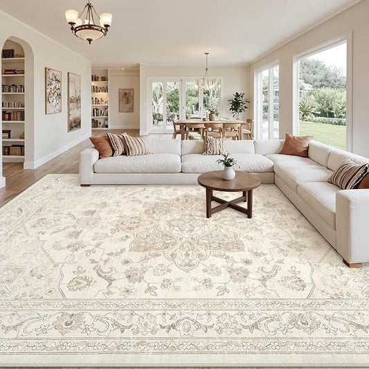 10x12 Area Rug for Living Room: Vintage Boho Neutral Washable Rug Indoor Soft Large Area Rug Carpet for Bedroom Nursery Farmhouse Dining Room Office Floor Non-Slip Low Pile Under Table Rug Beige White