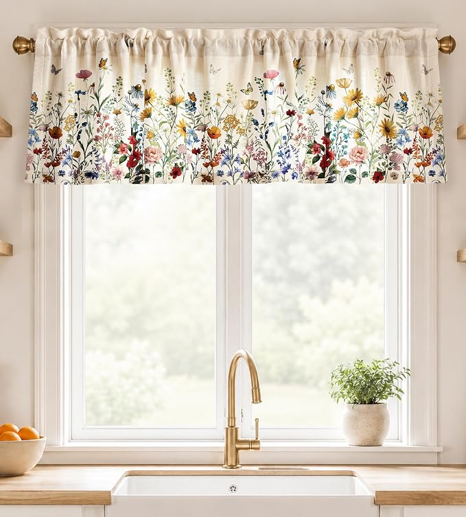 Miss Adola Valance Curtain for Windows - 16 Inch Linen Blend Farmhouse Floral Valance for Kitchen Living Room Bedroom Bathroom Vintage Country Short Curtain with Rod Pocket, 1 Panel