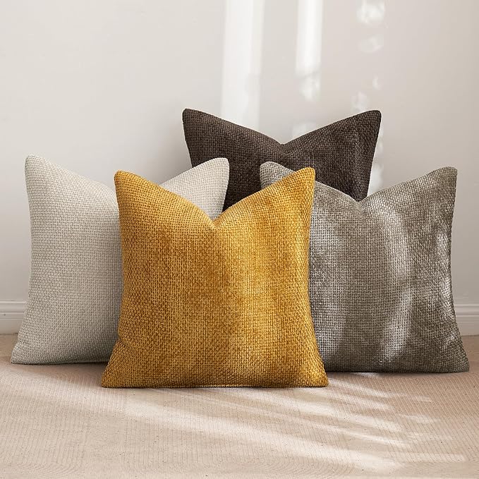 MIULEE Pack of 4 Couch Throw Pillow Covers 16x16 Inch Neutral Gold/Brown Soft Decorative Chenille Pillow Covers Farmhouse Accent Cushion Covers for Boho Fall Home Decor Sofa Bedroom Living Room