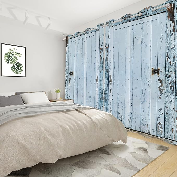 Wooden Barn Door Window Curtains Vintage Blackout Kitchen Curtains Rustic Country Farmhouse Garage Decor Light Blue Wood Planks Print Window Drapes for Living Room Bedroom,42x96 inch,2 Panels