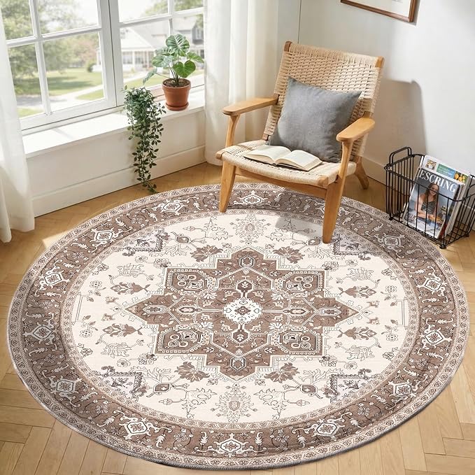 OPPODREAM Soft Round Rug 6ft, Play Room Rug, Washable Circle Rug 6ft with Non Slip Backing, Small Low-Pile Area Rugs 6 ft, Faux Cashmere Throw Carpet, Khaki