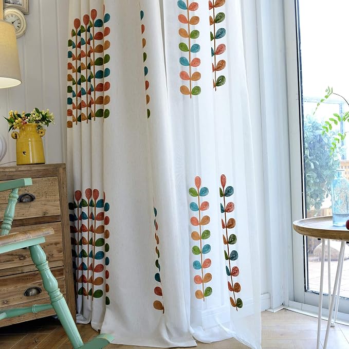 VOGOL Sheer Curtains 63 Inch Length, Colorful Leaves Embroidered White Sheer Window Treatments for Bedroom, Kitchen, Small Windows, W52 X L63, 2-Panel Pack