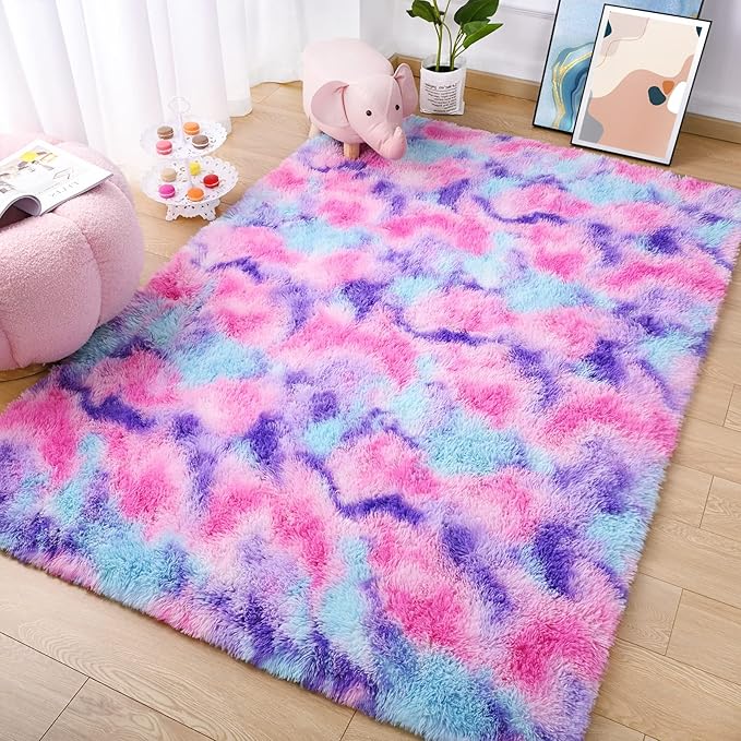 AROGAN Soft Rainbow Area Rugs for Girls Room 4x6 Feet, Fluffy Bedroom Rugs, Princess Rug, Cute Colorful Carpet for Kids Teens Nursery Toddler, Hot Pink