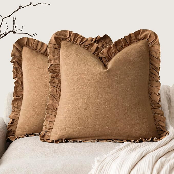 Foindtower Set of 2 Decorative Soild Fringe Ruffle Throw Pillow Covers Soft Boho Farmhouse Cushion Cover Cozy Accent Retro Pillowcase for Couch Sofa Bed Living Room Home Decor,22×22 Inch,Orange Brown