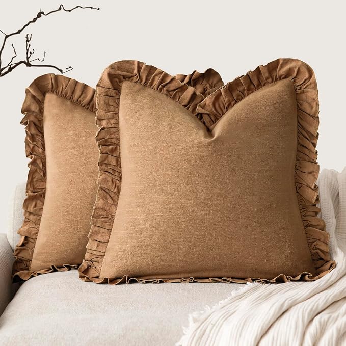 Foindtower Set of 2 Decorative Soild Fringe Ruffle Throw Pillow Covers Soft Boho Farmhouse Cushion Cover Cozy Accent Retro Pillowcase for Couch Sofa Bed Living Room Home Decor,20×20 Inch,Orange Brown