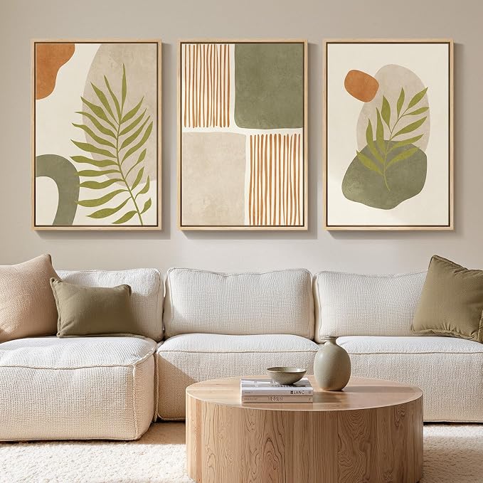 Framed Sage Green Boho Abstract Wall Art for Living Room, 3 Piece Orange Terracotta Tropical Botanical Canvas Artwork for Walls, Minimalist Geometric Prints Dining Room Hallway Wall Decor, 20x30 In