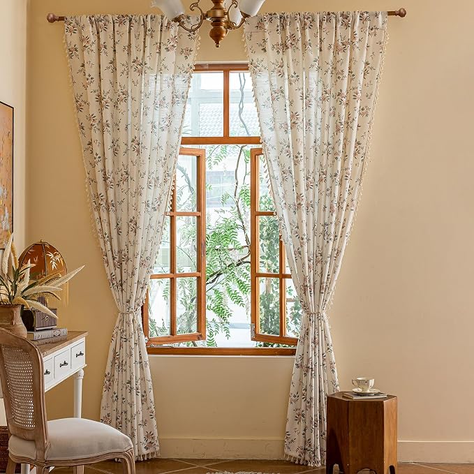 OYX Boho Floral Curtains 63 Inch, Pink Flower Farmhouse Drapes with Tassels, Linen Textured Light Filtering Semi Sheer Curtains for Living Room Bedroom, 2 Panels, Rod Pocket, 52Wx63L