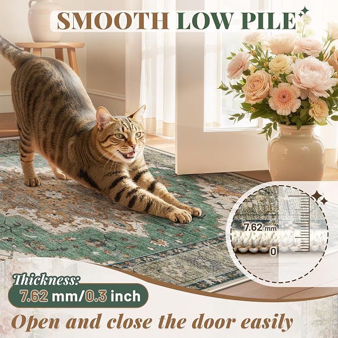 Area Rug 9x12 Vintage Rug: Large Washable Indoor Medallion Rugs Low Pile Distressed Floor Carpet Retro Accent Rug for Living Room Bedroom Kitchen Dining Table Home Office(Brown Green, 9'x12')