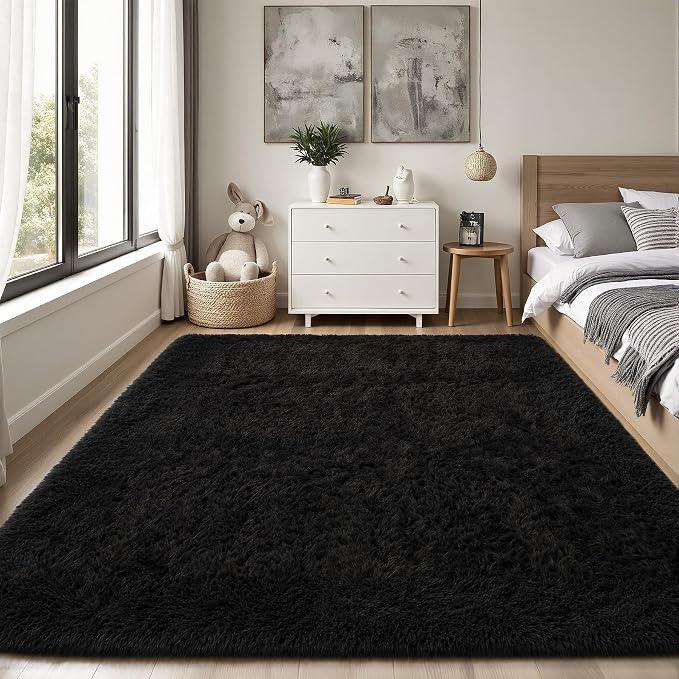 Area Rug for Living Room Bedroom: 5x7 Black Soft Fluffy Shag Upgrade Non-Slip High Pile Carpet Large Fuzzy Plush Indoor Floor Decor Shaggy Rug for Kid Boys Girls Dorms Playroom Nursery Modern Home