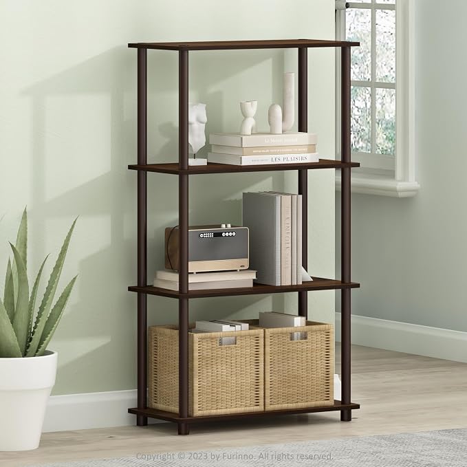 Furinno TURN-N-TUBE Storage Shelves, 4-Tier Toolless Book Shelf, Corner Shelf, Toolless Open Shelves, for Organization and Storage, Living Room, Garage, Home Office, Walnut