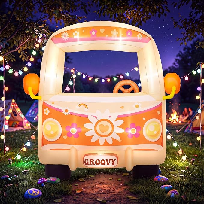 Soulchen 6FT Inflatable Hippie Bus with LED Lights and Powerful Blower Retro 60s 70s Boho Groovy Party Decoration Photo Booth Selfie Frame for Birthday Baby Shower Carnival