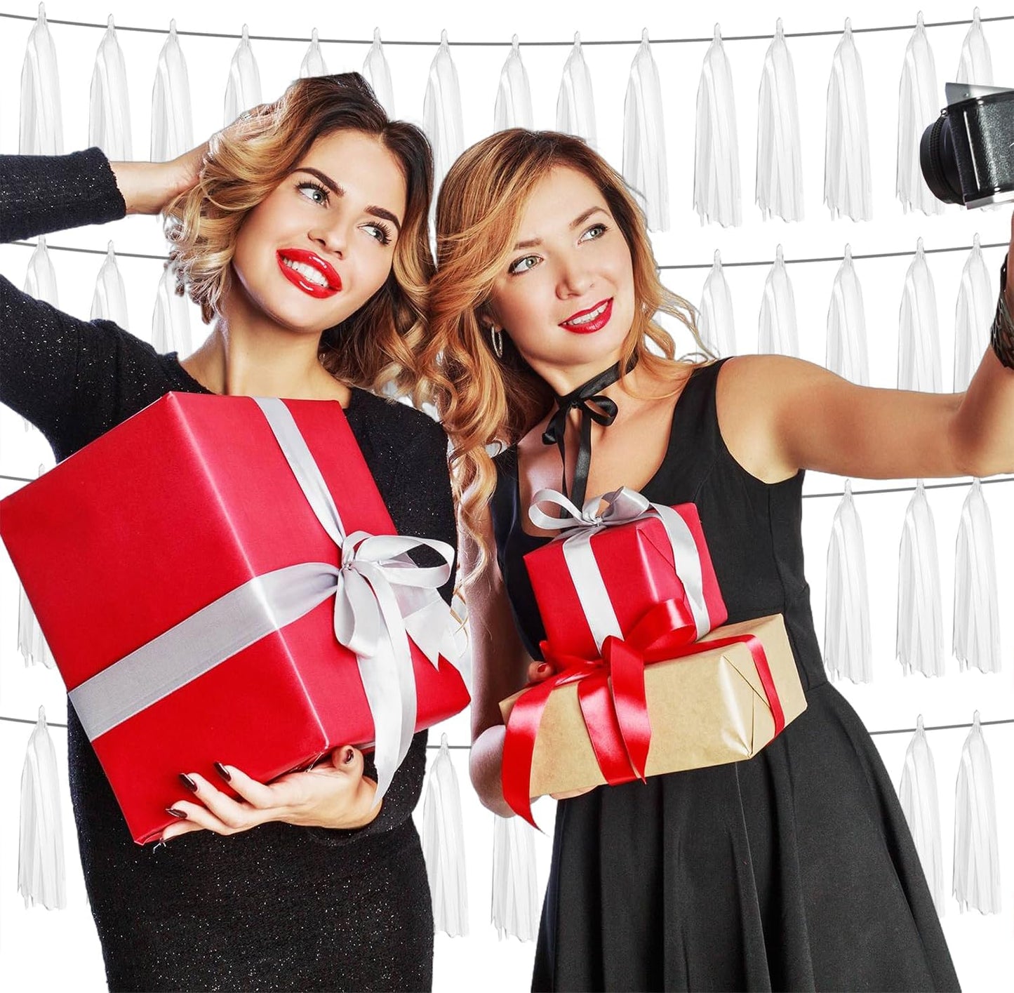 4P White Foil Fringe Metallic Tassel Streamers Banner Tassel Garland for Parade Floats, Graduation, Wedding, Birthday, Halloween, Christmas, Bridal/Baby Shower Party Decorations