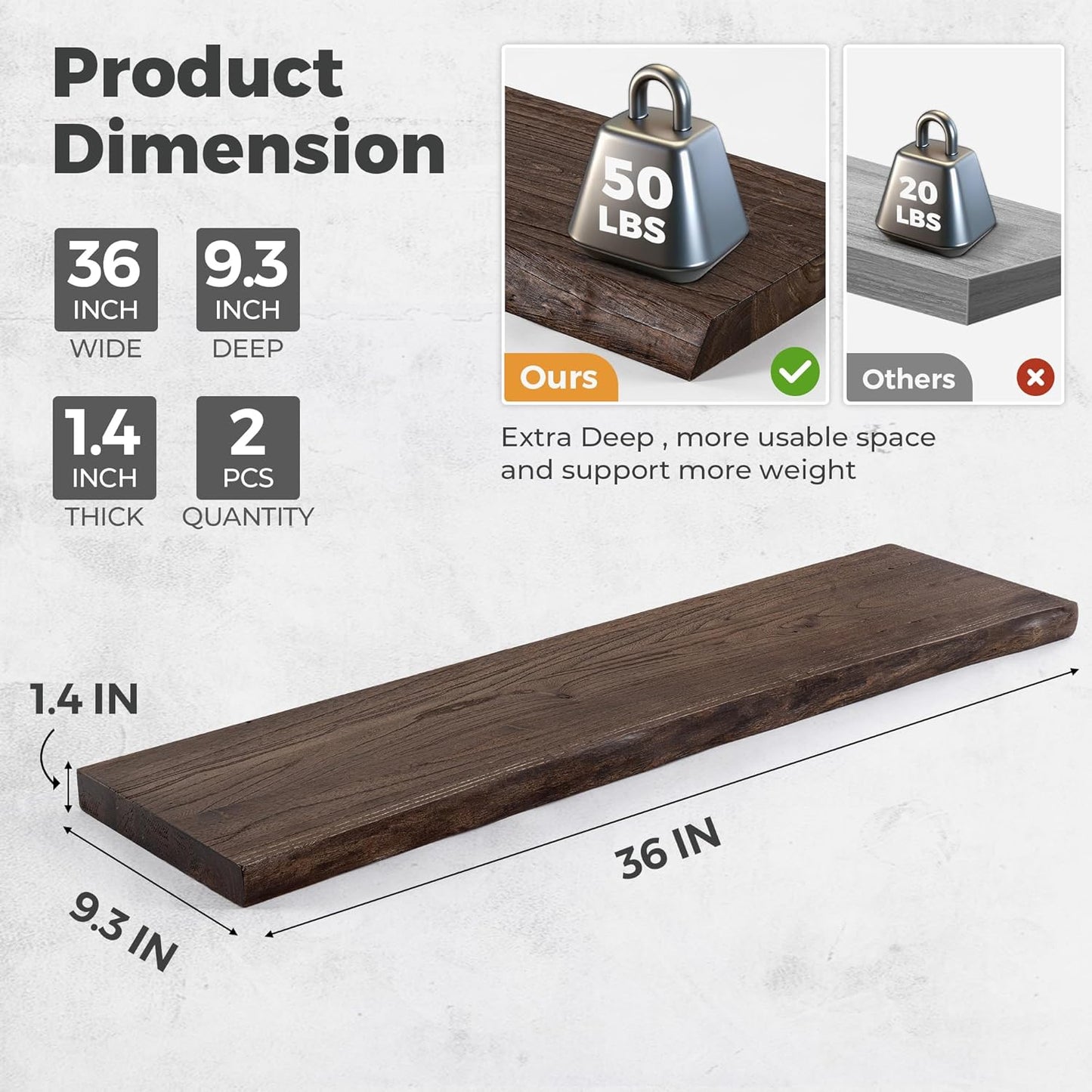 RICHFOCUS Live Edge Elm Floating Shelves - 36" W x 9.3" D Rustic Solid Wood Wall Shelves with Invisible Bracket, Wall-Mounted for Living Room, Bedroom, Kitchen Storage & Display, Set of 2, Walnut