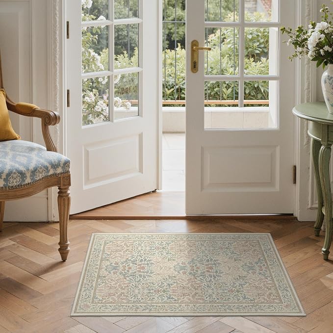 GENIMO 2x3 Washable Kitchen Rug, Non Slip Indoor Door Mat, Beige Pink | Vintage Boho Floral Low Pile Entryway Mat for Bathroom, Front Door and Laundry Room