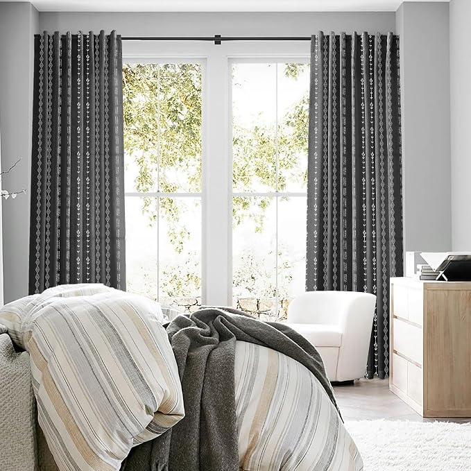 Lino Rosa Black and White Boho Floral Curtains for Bedroom Living Room,Aztec Tribal Bohemian Striped Printed Pattern Sheer Curtains 84 Inches Long 2 Panels