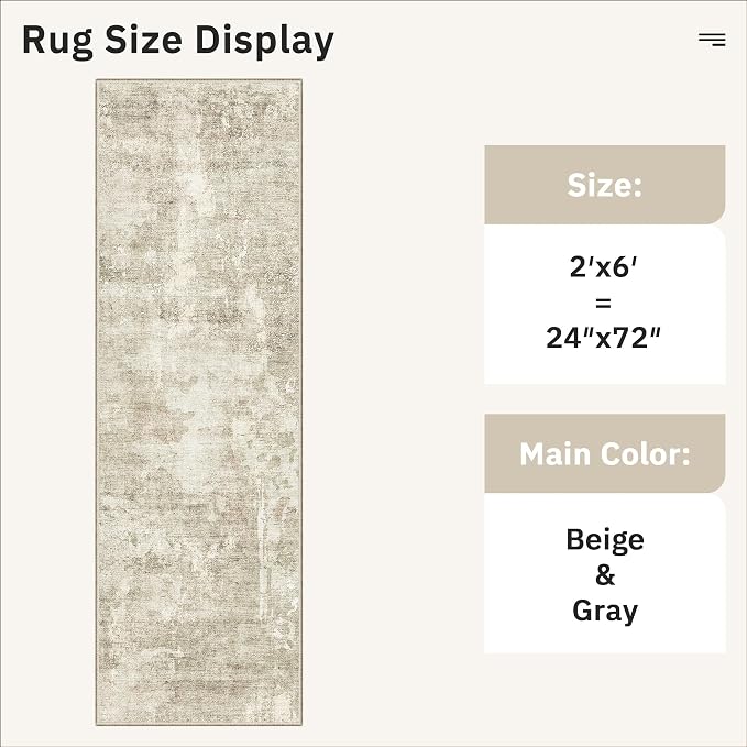 Soalmost Runner Rug 2x6 Washable Non-Slip Kitchen Runner Rugs for Bathroom Laundry Room Beige Gray Vintage Floor Carpet Runners for Hallway Entryway