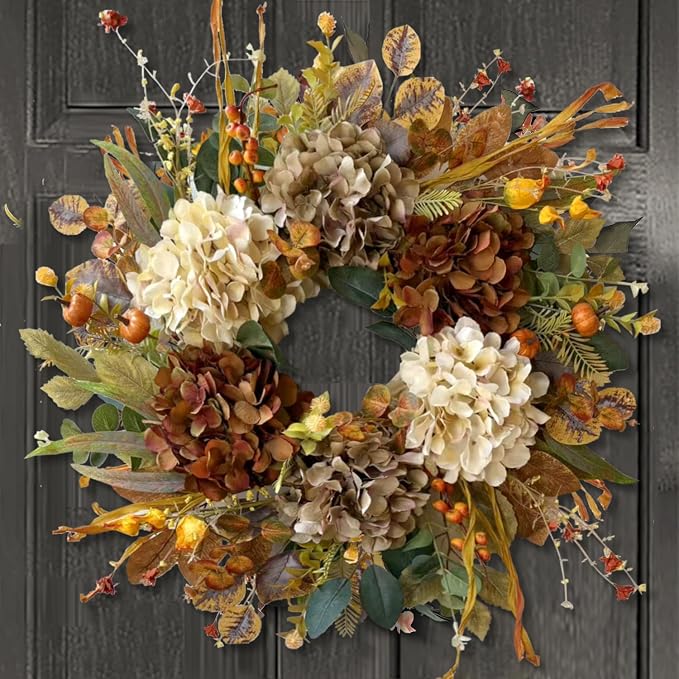 WANNA-CUL 24 Inch Fall Wreaths for Front Door with Hydrangea,Mini Pumpkins | Twig Base Rustic Autumn Wreath,Thanksgiving Farmhouse Decor, Fall Decorations For Home, Indoor Outdoor Halloween Harvest Gift