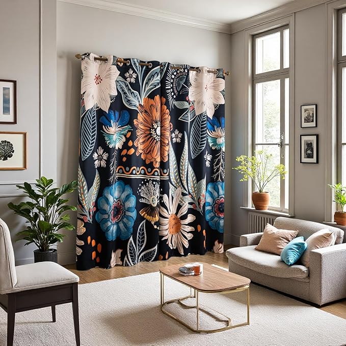 Black Boho Floral 100% Blackout Curtains 84 inch Long 2 Panels Set Vintage Blue Flower Patterned Black Out Curtains Room Darkening Thermal Insulated Window Drapes for Bedroom Living Room 52x84inch