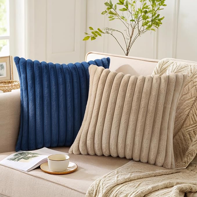 Pallene Faux Fur Plush Throw Pillow Covers 20x20 Set of 2, Luxury Soft Fluffy Striped Decorative Pillow Covers for Sofa, Couch, Living Room, Khaki