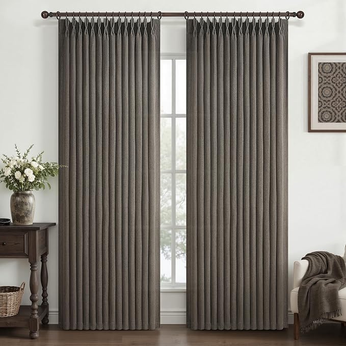 Pinch Pleated Chocolate Tart Semi Sheer Curtains 84 Inches Long for Living Room, Memory Trained Natural Linen Farmhouse Curtain Light Filtering Privacy Thick Drapes Bedroom Windows Burg 2 Panels Set