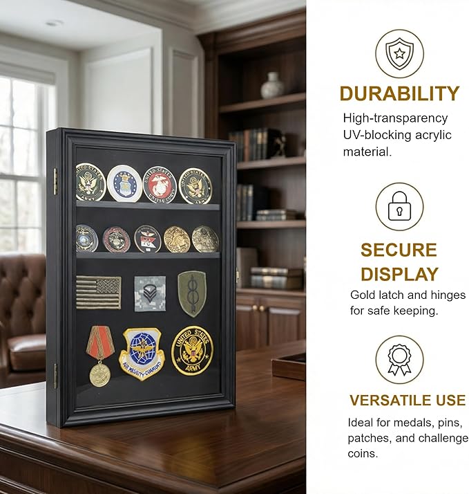 11.5 X 16 Pin Display Case Medal Shadow Box with 98% UV Protection for Military Medals, Beach Tags, Jewelry Pins, Pin Gift, Insignia Ribbons Memorabilia (Black Finish)
