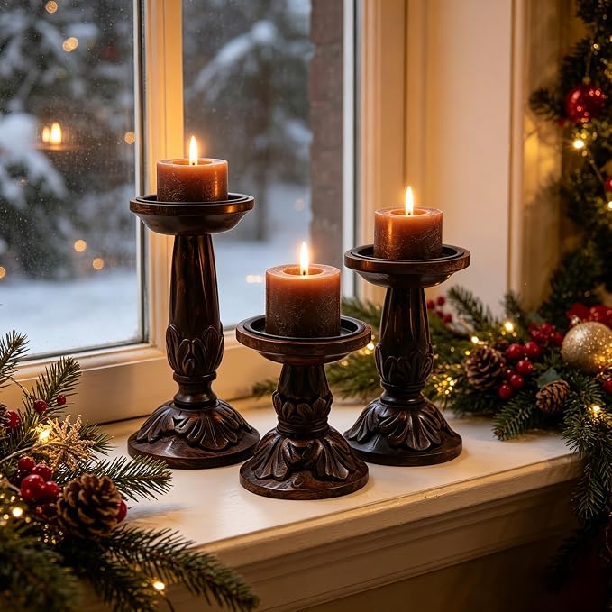 Hosley Set of 3 Wood Pillar Candle Holders 8", 6", 4.25" High Dark Brown Wooden Candlestick Set for Table Centerpiece Ideal for LED & Wax Candles, Rustic Home Decor, Wedding, Party, Spa, Reiki