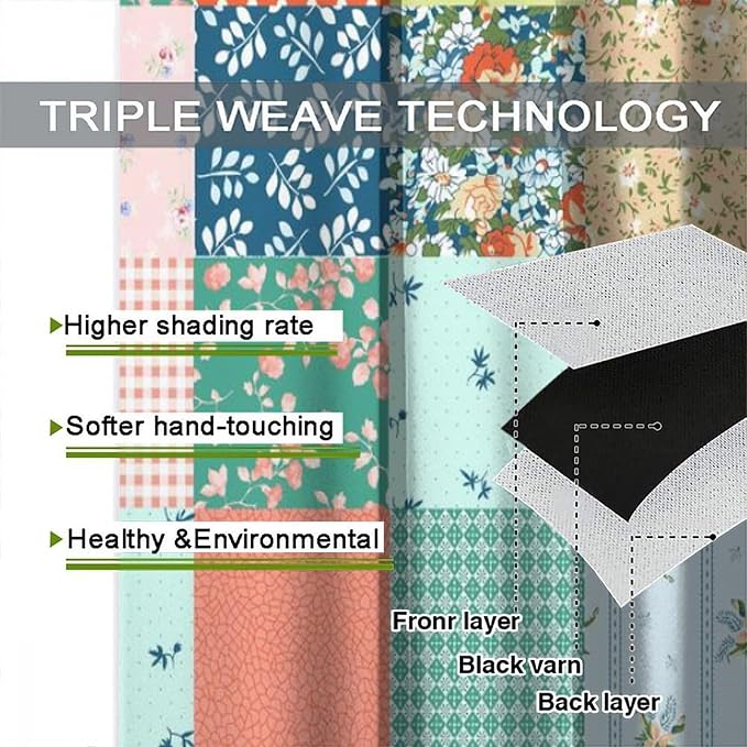 Boho Floral Patchwork Blackout Curtains Farmhouse Patchwork Quilted Country Check Plaid Print Window Drapes for Bedroom Living Room Kitchen Cafe （W27.5xL63 Inch） x2 Panels