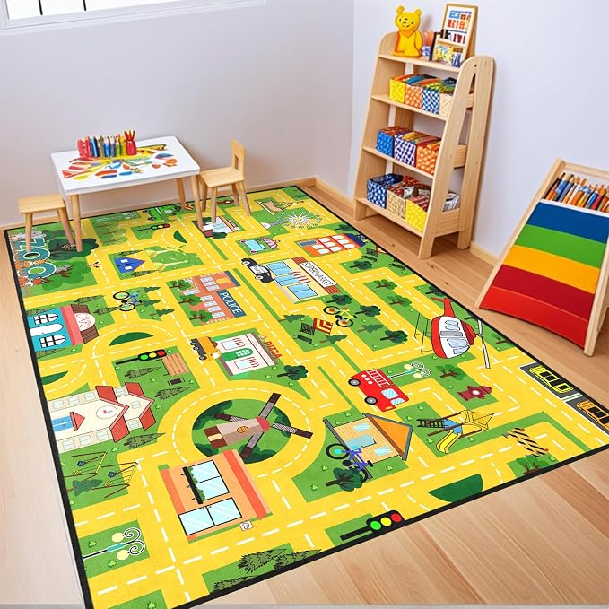 Car Rug Play Mat for Boys Girls Fun Yellow Road Rug for Bedroom Playroom, Fun Car Carpet for Room Decor City Carpet with Race Track, Street, Animal, 4.5x6 Feet
