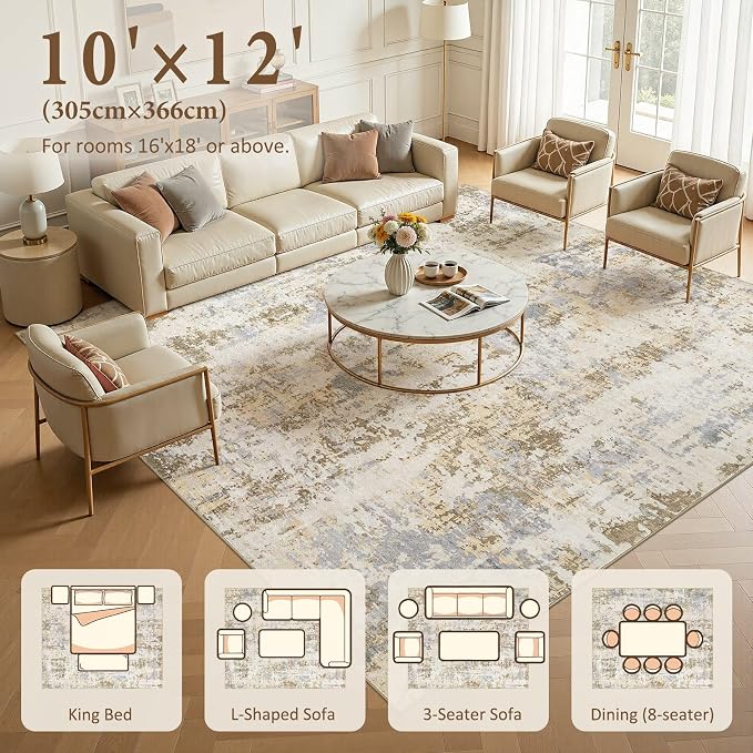 Area Rugs 10x12 Living Room: Washable Large Abstract Modern Neutral Soft Rug Stain Resistant Non-Slip Backing Carpet for Bedroom Dining Room Indoor Nursery Dorm Home Office Decor - Brown