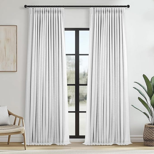 Ivory White Pinch Pleated 100% Blackout Curtains & Drapes 84 Inch Length 2 Panels Set,Flax Linen Room Darkening Soundproof Modern Curtains with Hooks Rings for Bedroom Living Room Track System