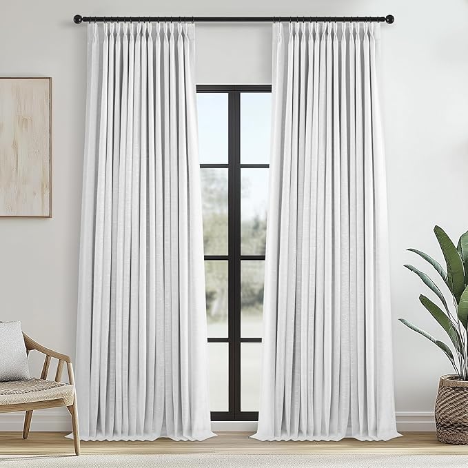 90 Inches Long Blackout White Linen Curtains for Bedroom,Pinch Pleated Insulated Thermal Sound Blocking Curtains,Decorative Elegant Farmhouse Lined Drapes 2 Panels Set for Living Room Sliding Door